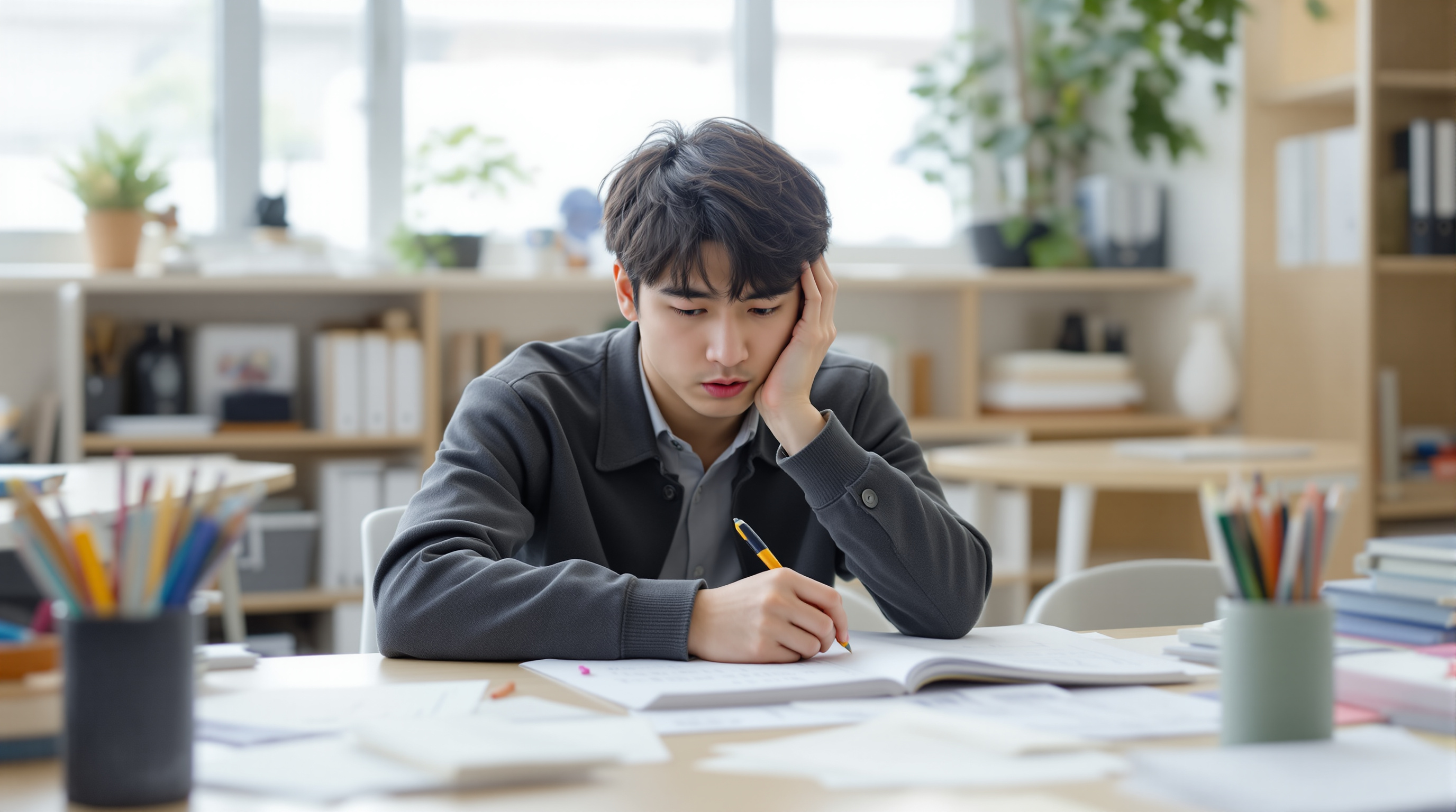 현대적인 학생이 책상에 앉아 문법 노트를 보며 혼란스러워하는 모습