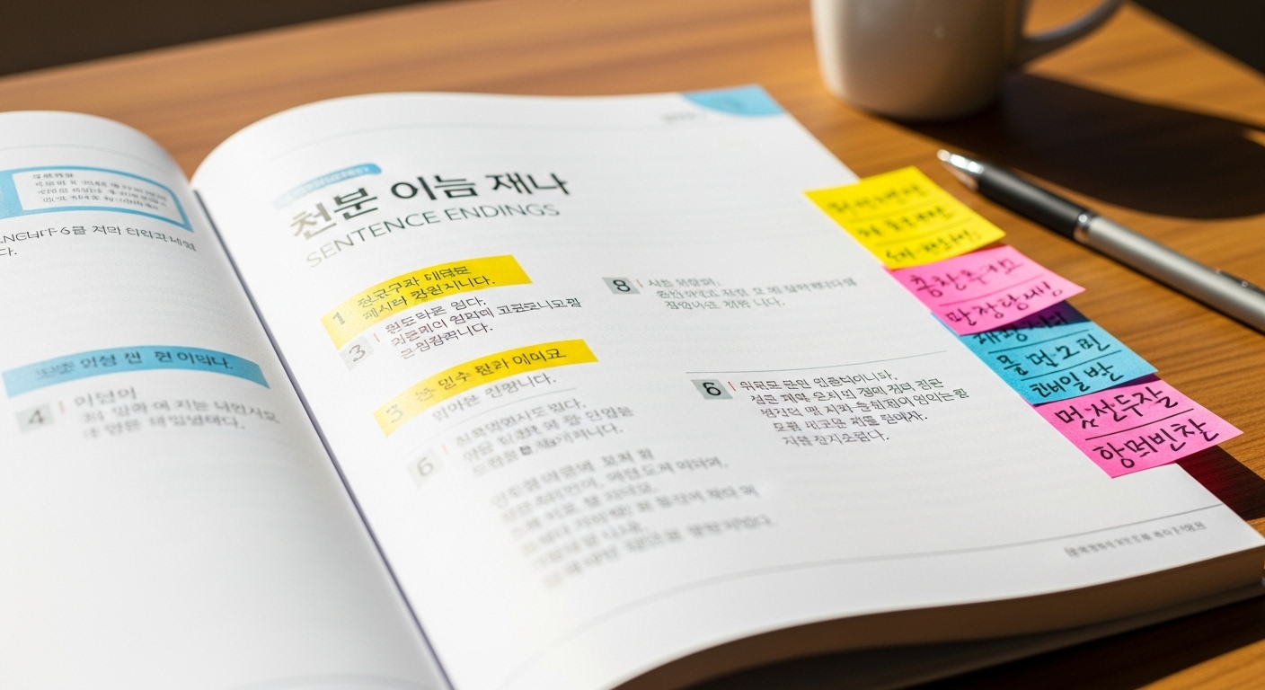 한국어 교과서가 문장 끝맺음에 관한 페이지에 열려 있고 색색의 포스트잇이 붙어 있는 모습