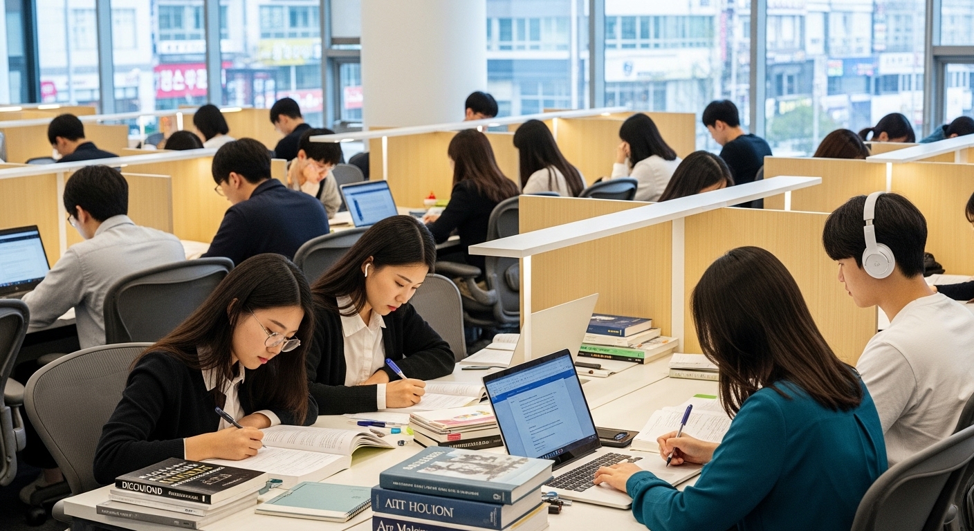 도서관에서 교재와 노트북을 활용하여 공부하는 학생들