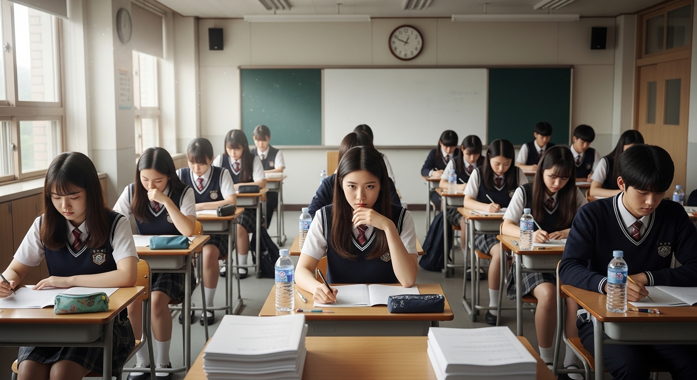 교실에서 수능 시험을 치르는 학생들의 모습