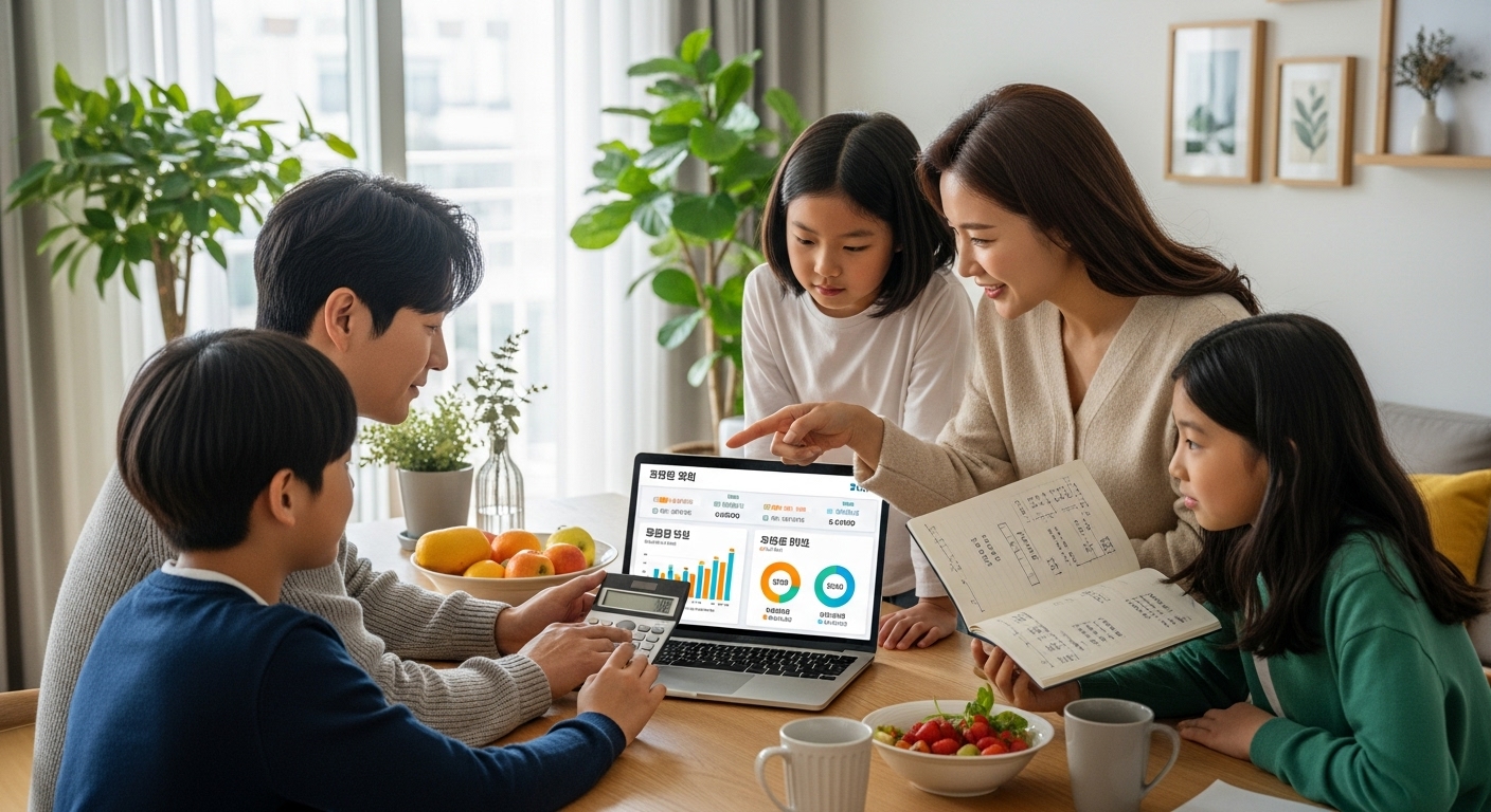 노트북과 계산기로 예산을 계획하는 한국 가족