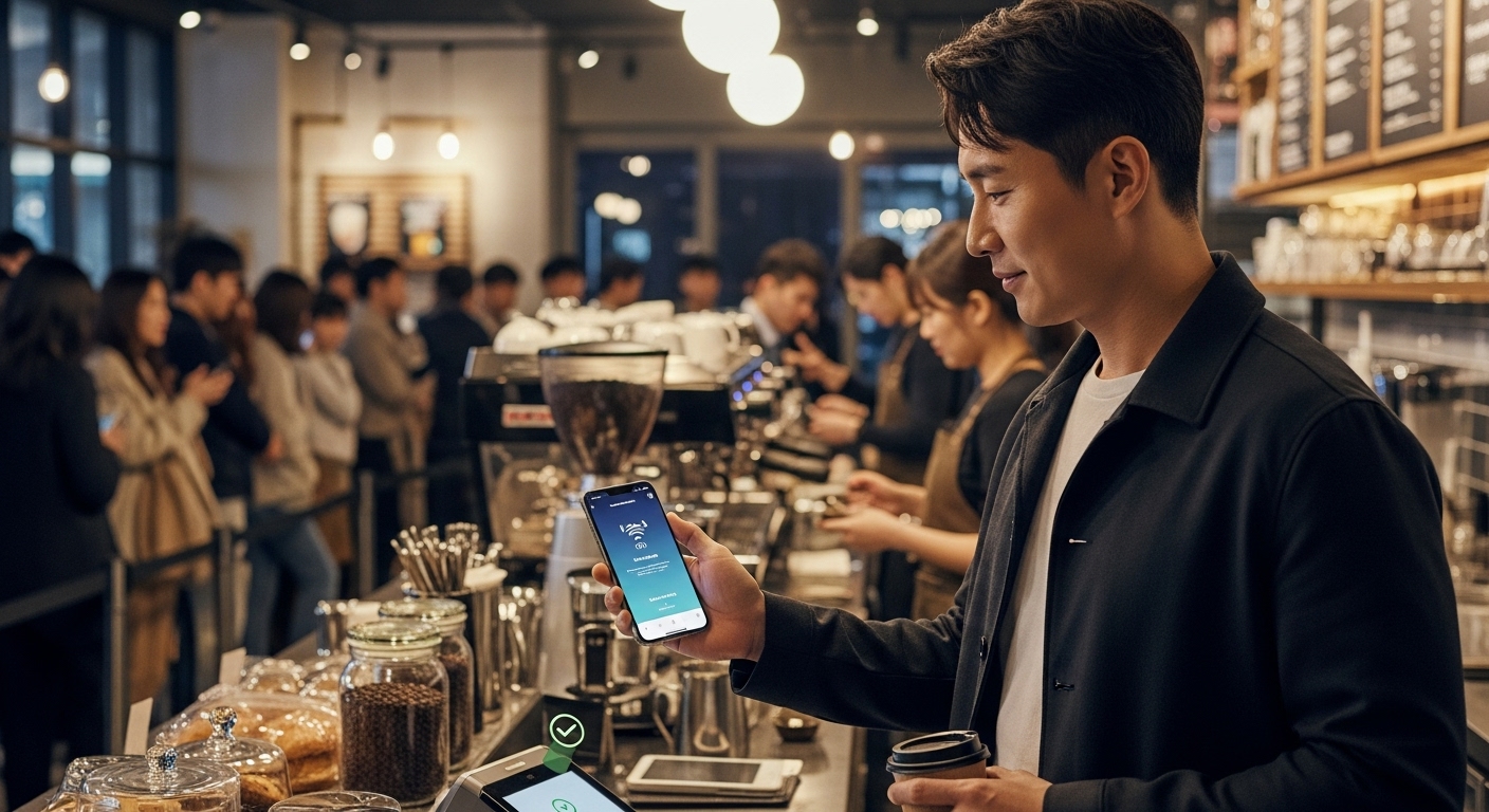 한국 남성이 카페에서 스마트폰을 이용해 NFC 기술로 빠르게 결제하는 장면