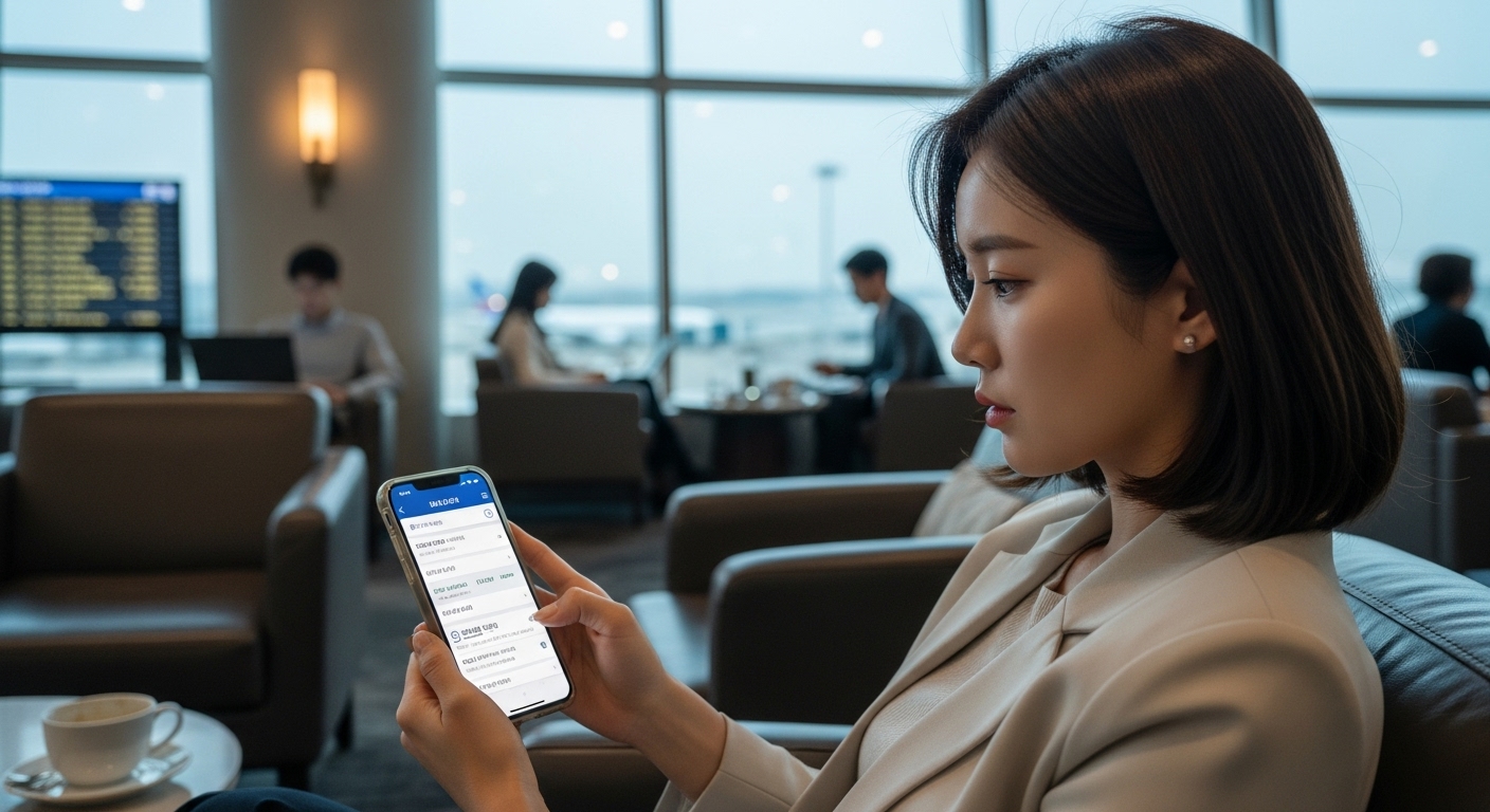 공항 라운지에서 스마트폰으로 비행기 티켓과 호텔 예약 정보를 확인하는 한국 여행자