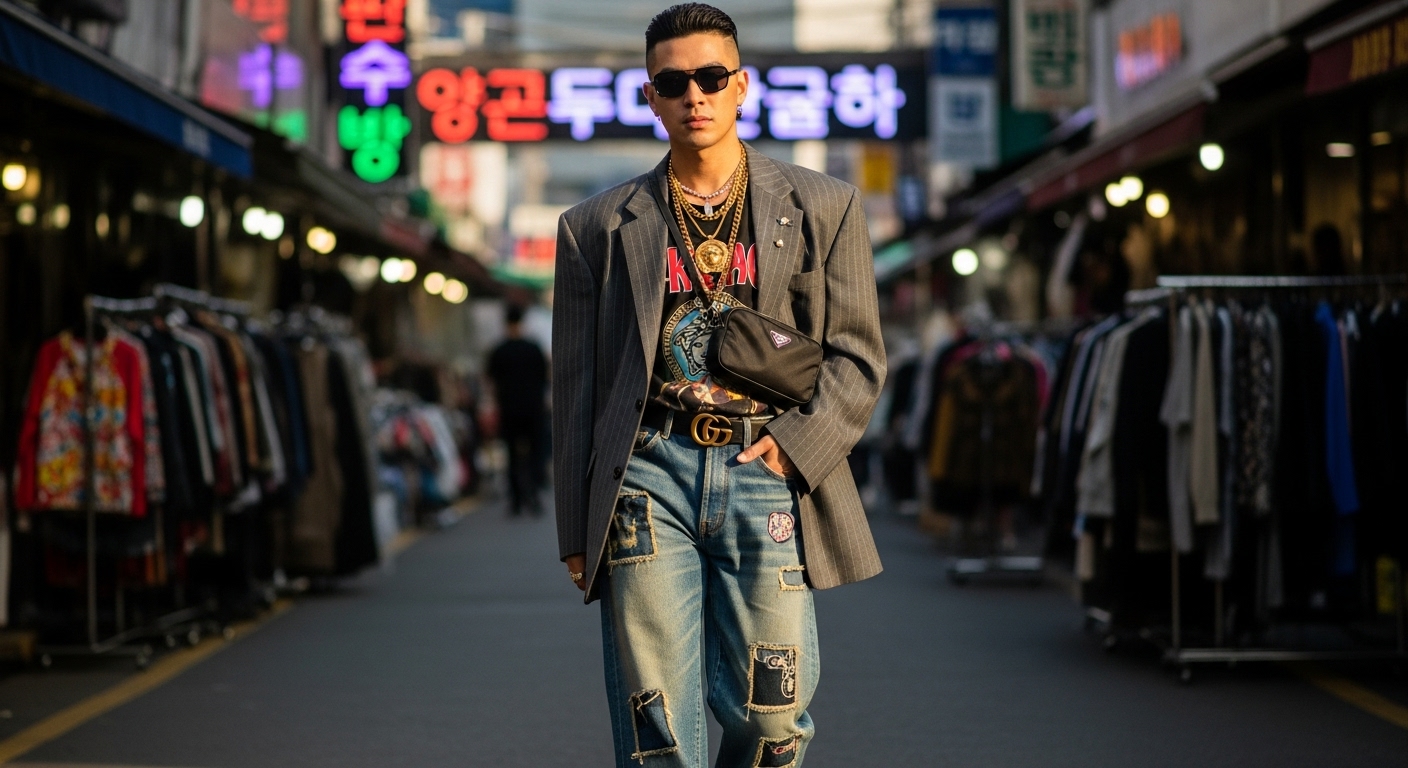 명품과 빈티지 아이템을 조화롭게 믹스한 한국 남성