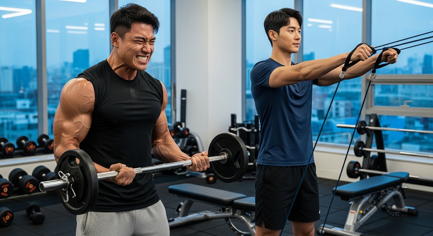 체육관에서 서로 다른 방식으로 운동하는 두 남성