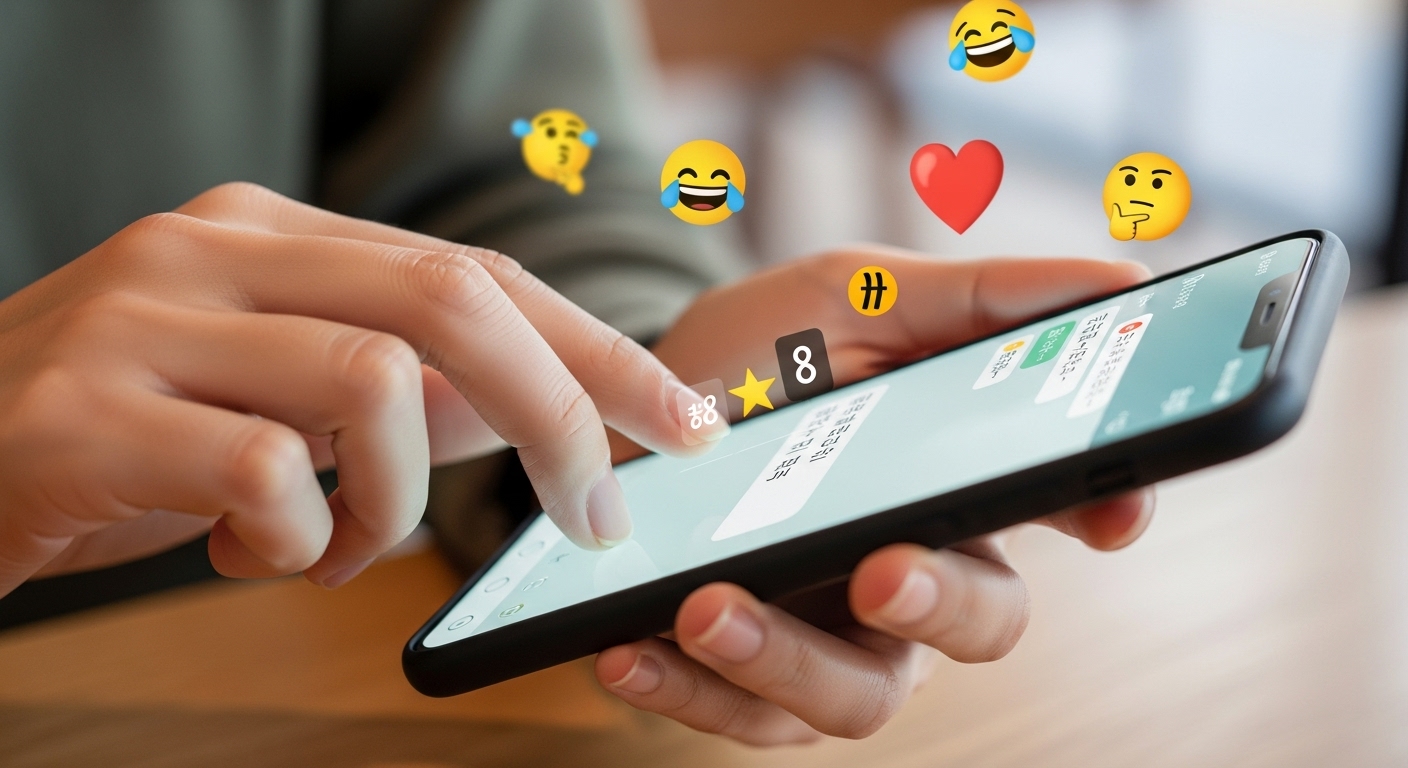 스마트폰으로 특수문자와 이모티콘을 입력하는 손 클로즈업