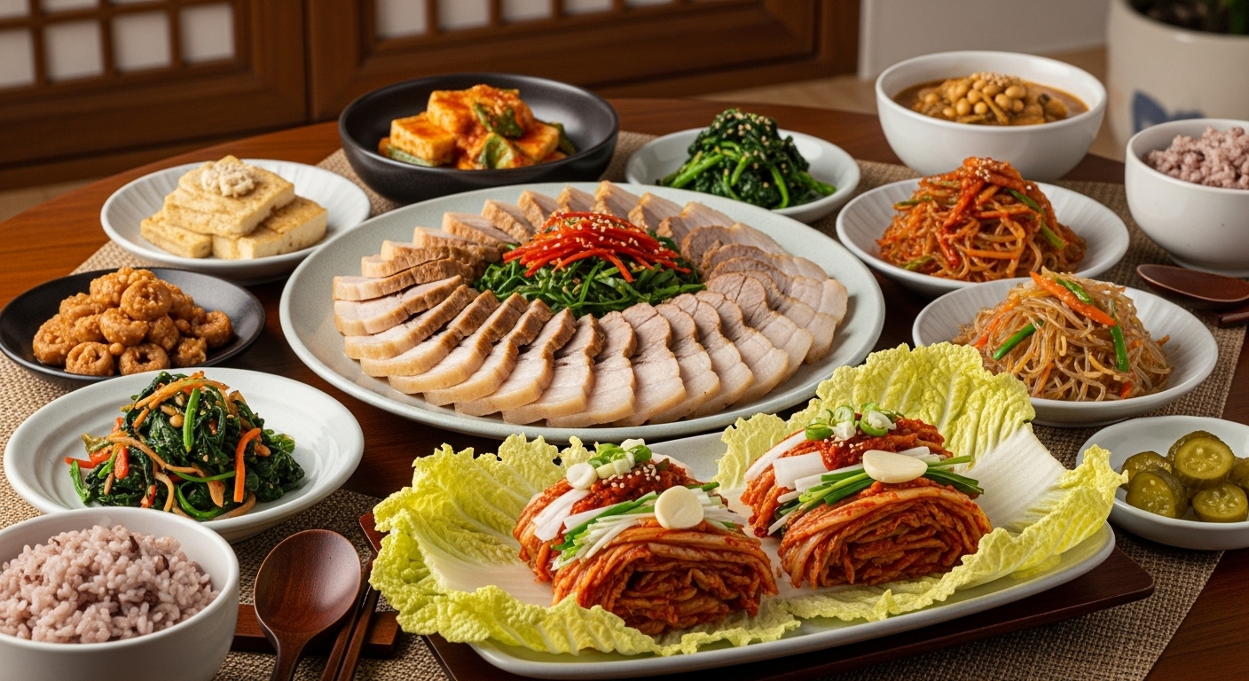 부드러운 수육과 갓 담근 김치쌈이 함께 차려진 전통 한국 식탁