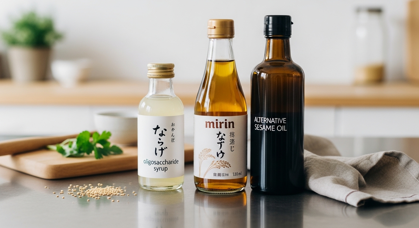 요리 대체 재료인 올리고당 시럽, 미림, 참기름 등이 주방 조리대에 정렬되어 있는 모습
