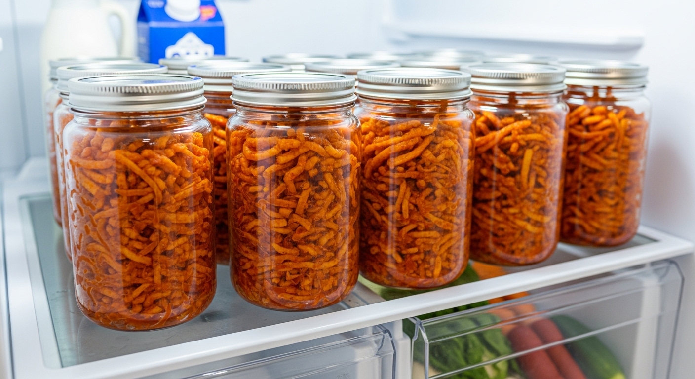 신선하게 만든 진미채 볶음이 밀폐 유리 용기에 담겨 냉장고 칸에 깔끔히 보관된 모습