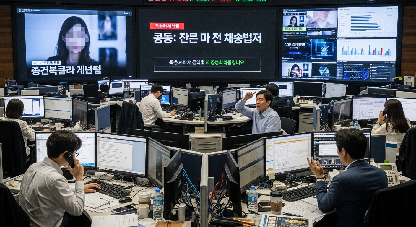 긴장감 넘치는 뉴스룸에서 기자들이 연예계 스캔들 관련 속보를 다루는 장면
