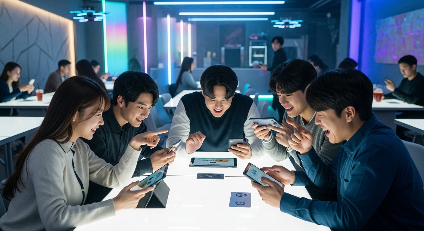 미래적인 카페에서 모바일 게임을 즐기는 젊은 게이머들