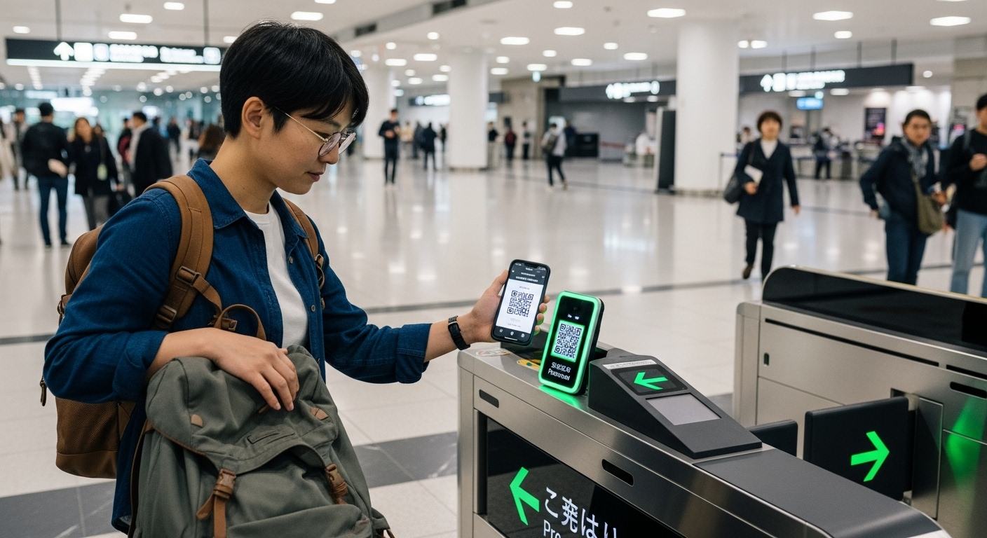 일본 공항 자동 입국 게이트에서 QR코드를 스캔하는 여행객