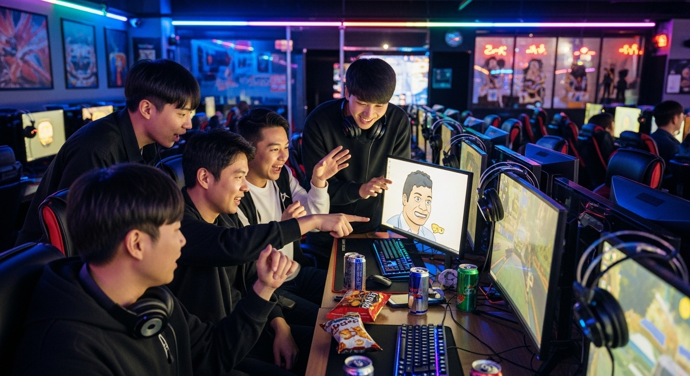 서울의 한 활기찬 게임 카페에서 인기 있는 게임 밈에 대해 이야기하는 젊은 게이머들