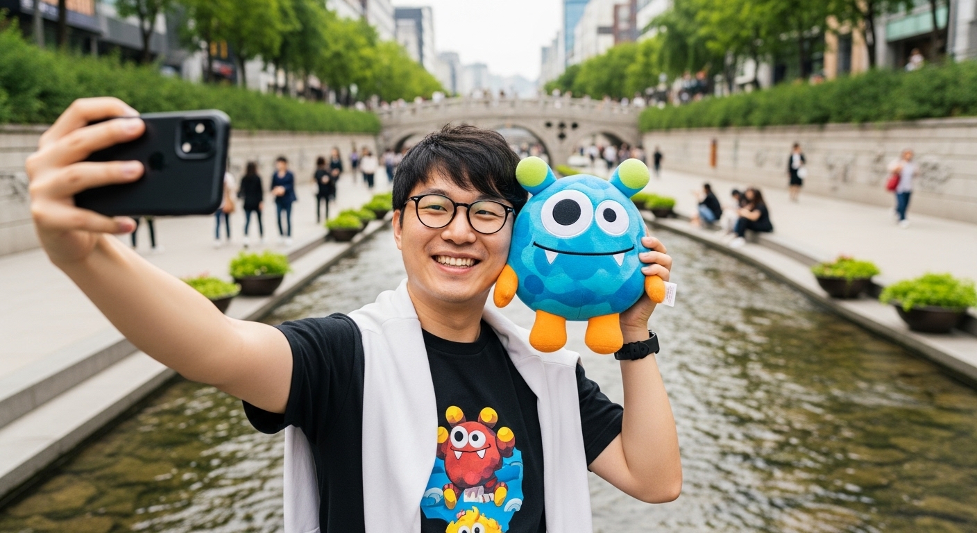 청계천 옆에서 인형과 함께 셀피를 찍는 유쾌한 한국 게임 개발자