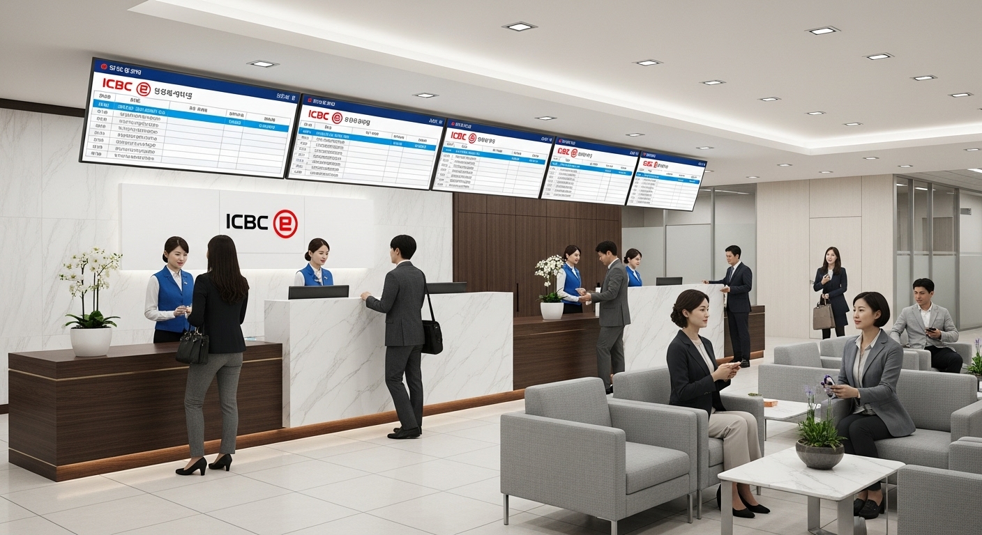 바쁜 ICBC 접수 구역에서 예약 확인 중인 사람들