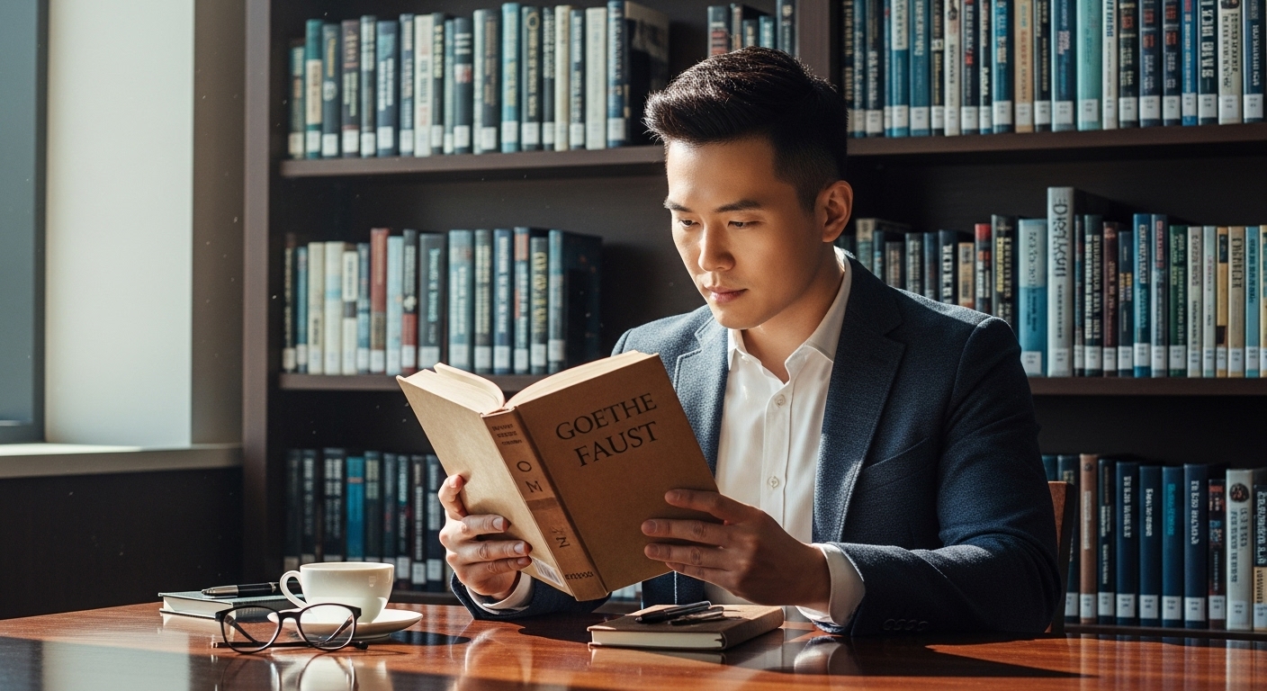 현대 도서관에서 괴테의 책을 읽고 있는 한국 학자의 모습