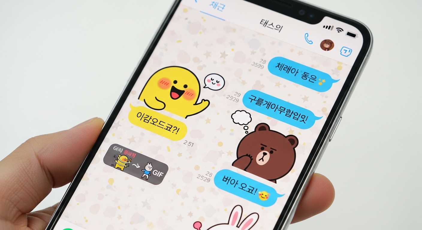스마트폰 화면에 표시된 생동감 있는 가나디 캐릭터의 카카오톡 채팅