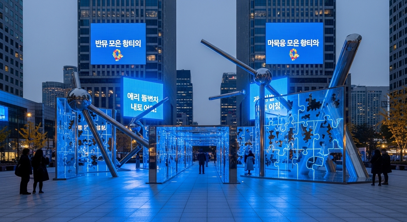 세계 자폐증 인식의 날을 위한 파란 불빛 테마의 공공예술 설치물
