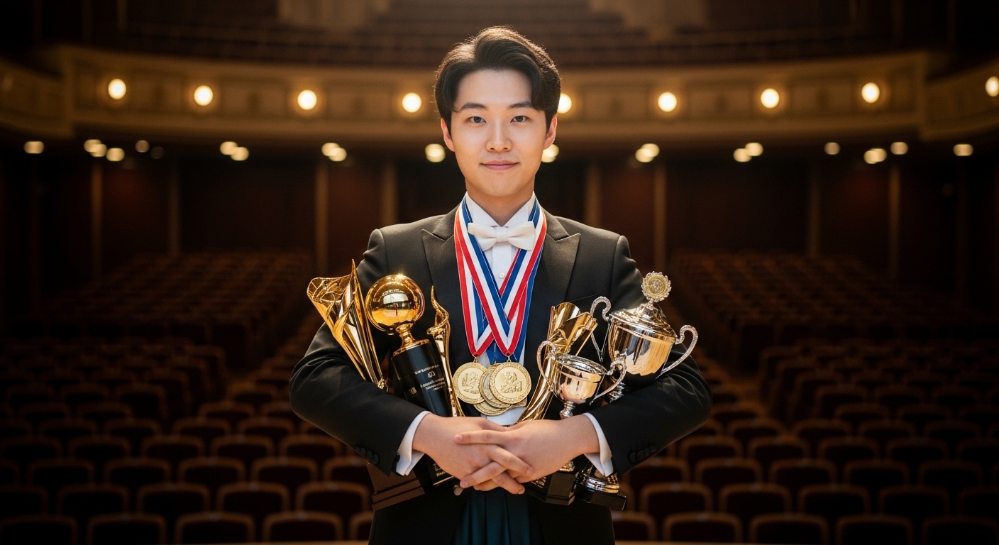 무대 위에서 여러 개의 권위 있는 상을 들고 있는 젊은 피아니스트 모습