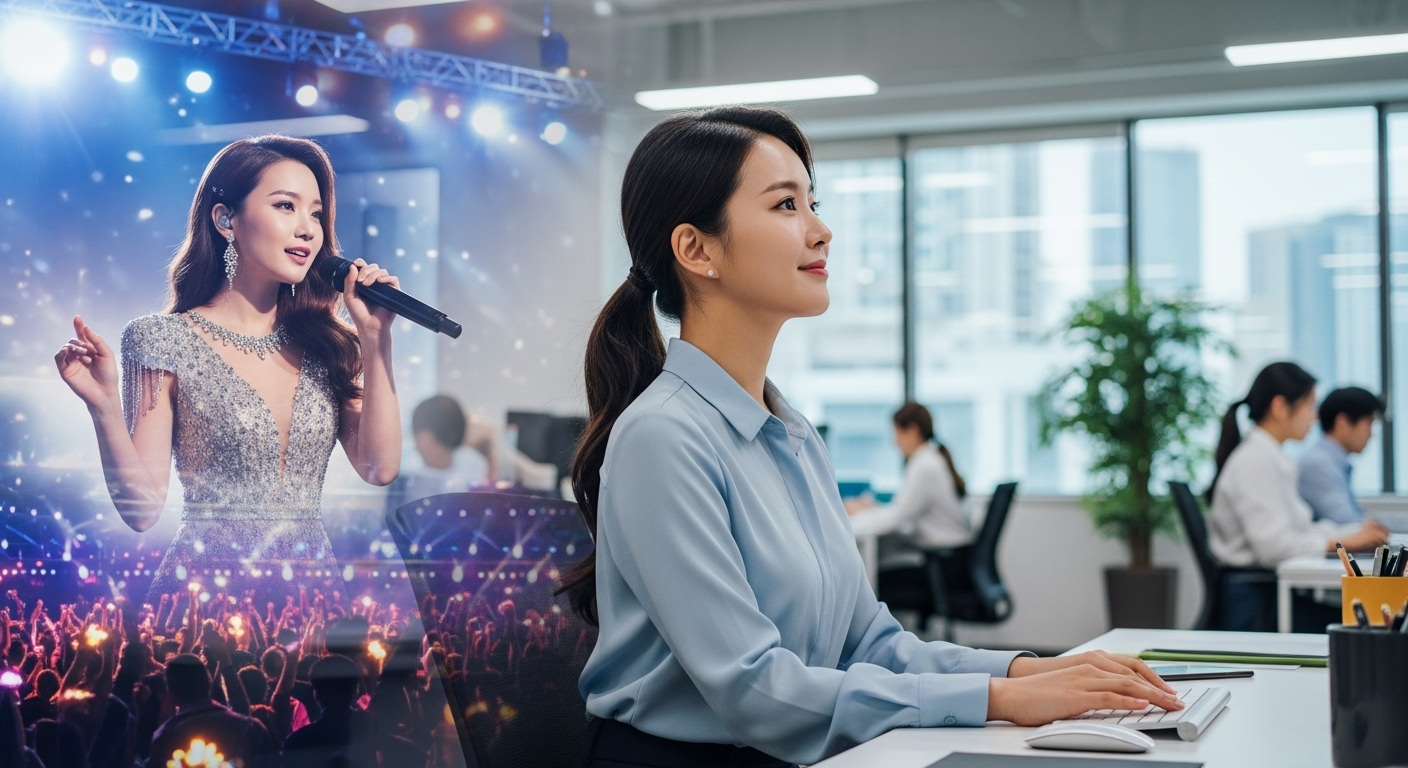사무실 책상에 앉아 성공적인 연예인을 꿈꾸는 여성 직장인의 모습