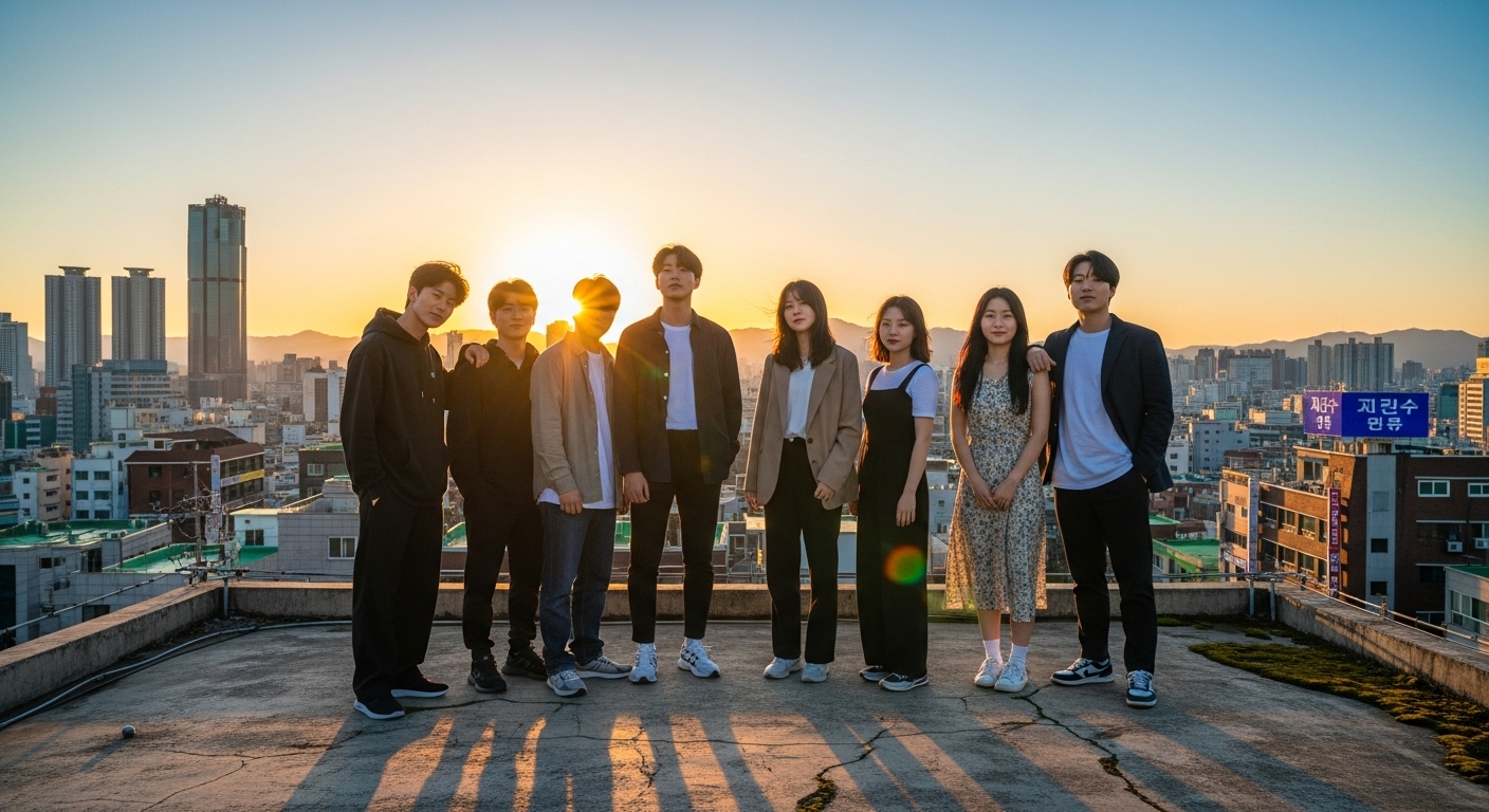 도시 옥상에 서서 성장과 용기를 상징하는 젊은이들의 단체 사진