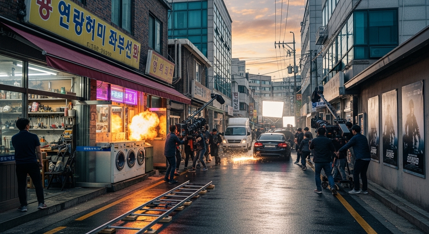 평범한 한국의 동네가 액션 영화 세트로 변신한 장면