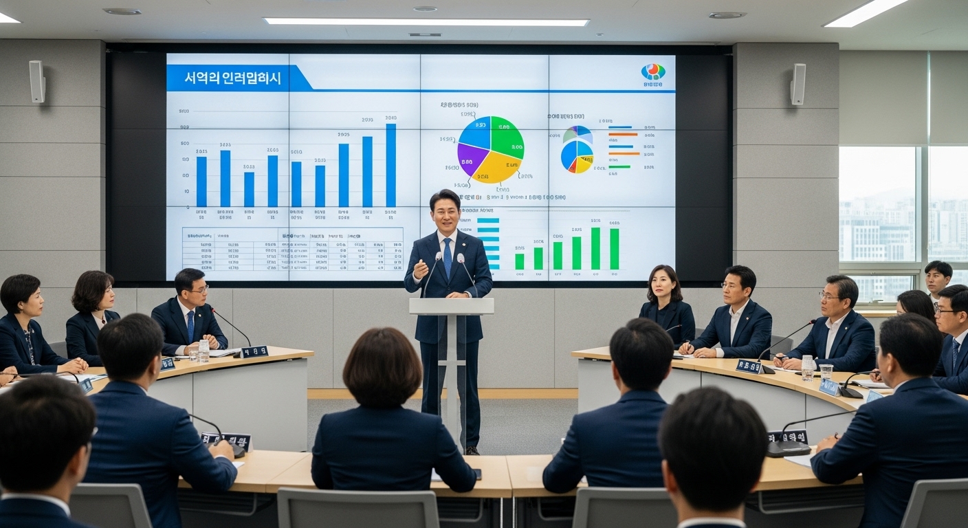 세종시 정부 회의에서 발표 중인 자신감 있는 남성