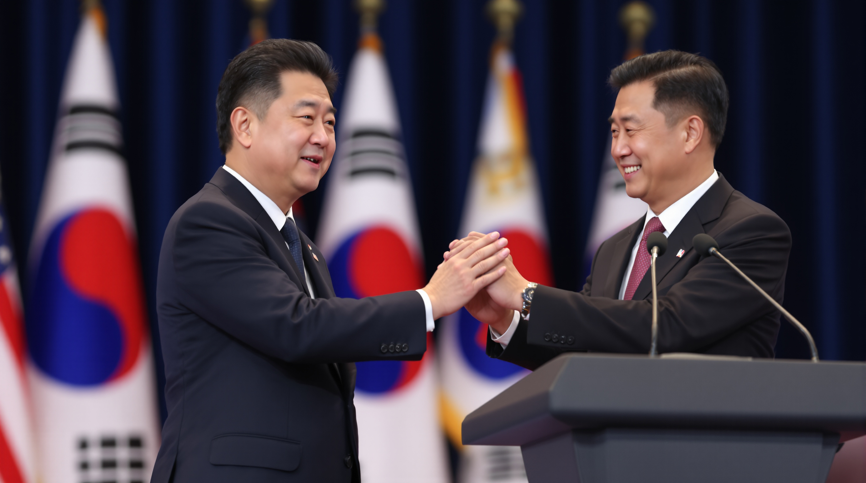 공식 브리핑 세션에서 정책 국장을 칭찬하는 한국 대통령