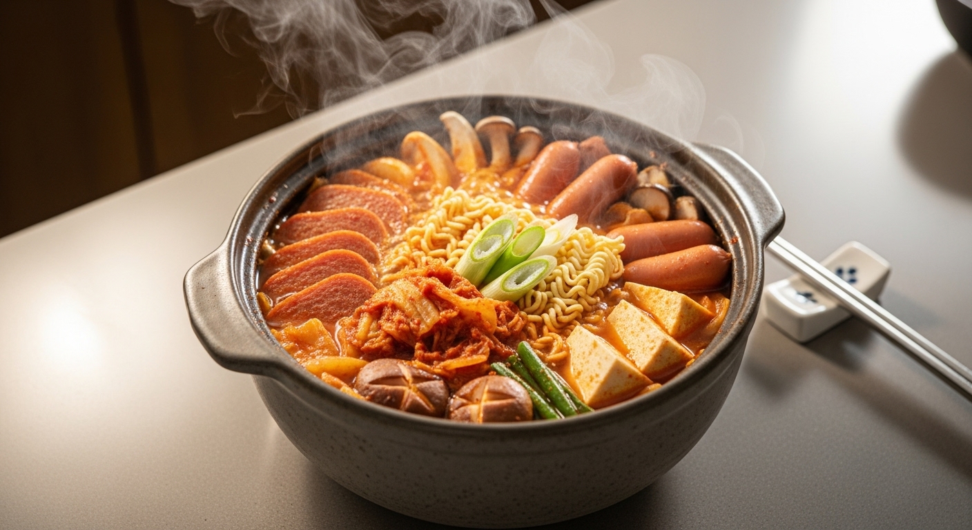 현대식 주방에서 김치와 두부가 들어간 경제적인 부대찌개 냄비