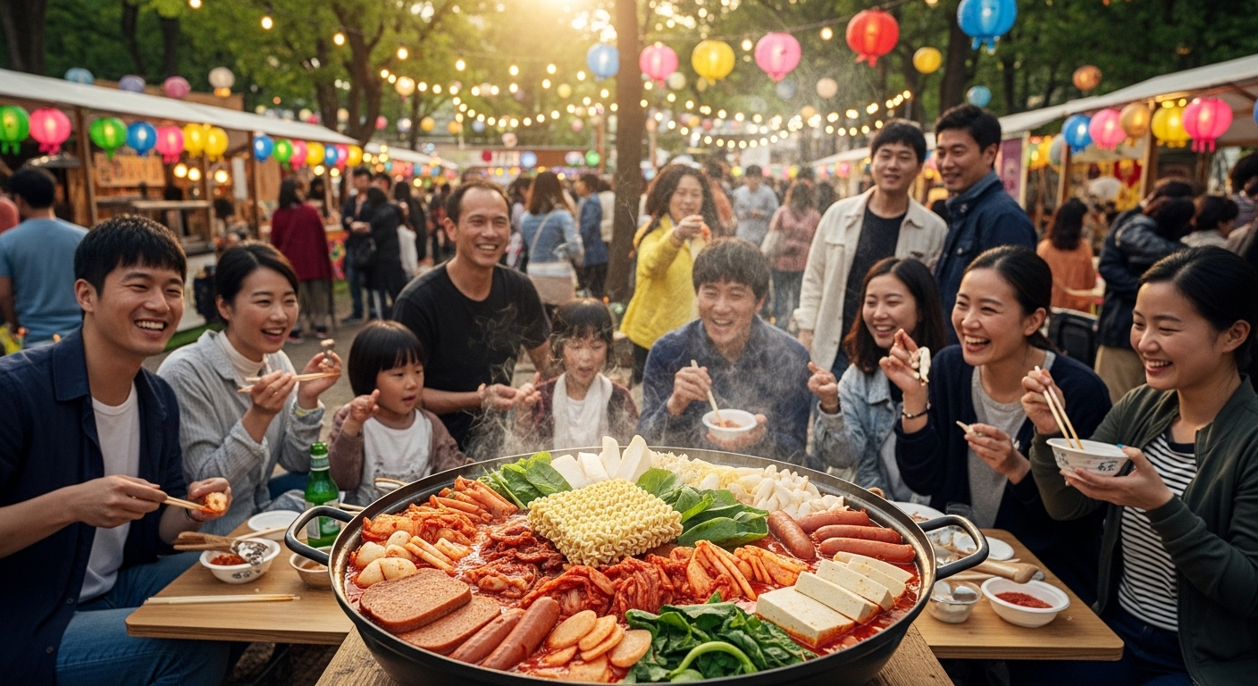 지역 축제에서 사람들이 나눠 먹는 생생한 부대찌개의 모습