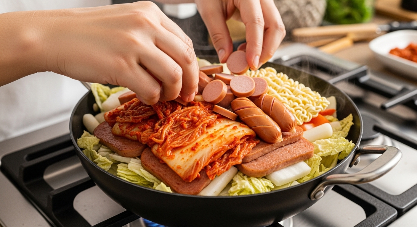 스토브 위에서 김치와 소세지를 냄비에 층층이 쌓는 손길