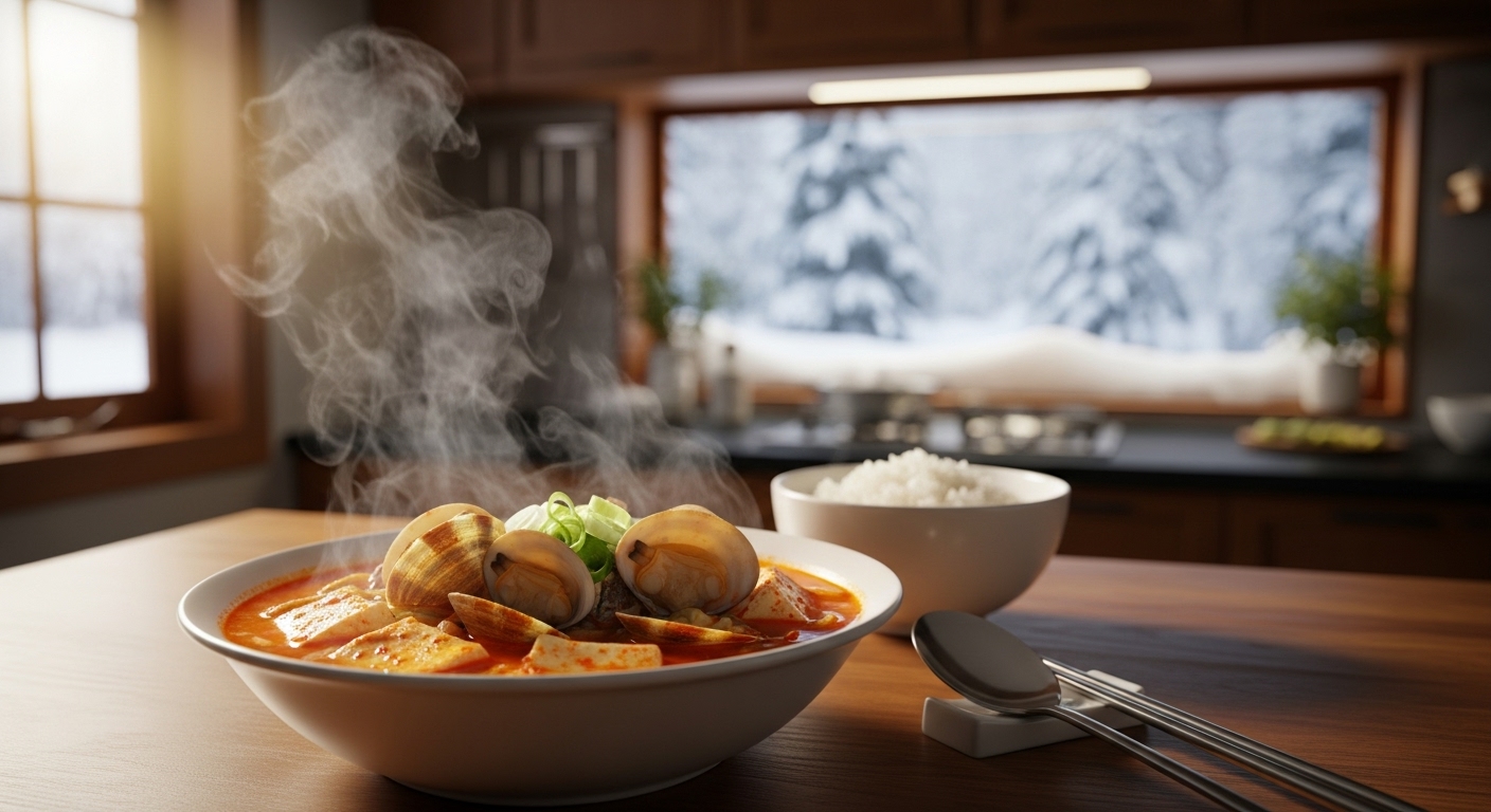 따뜻한 순두부찌개가 담긴 그릇과 포근한 주방 풍경