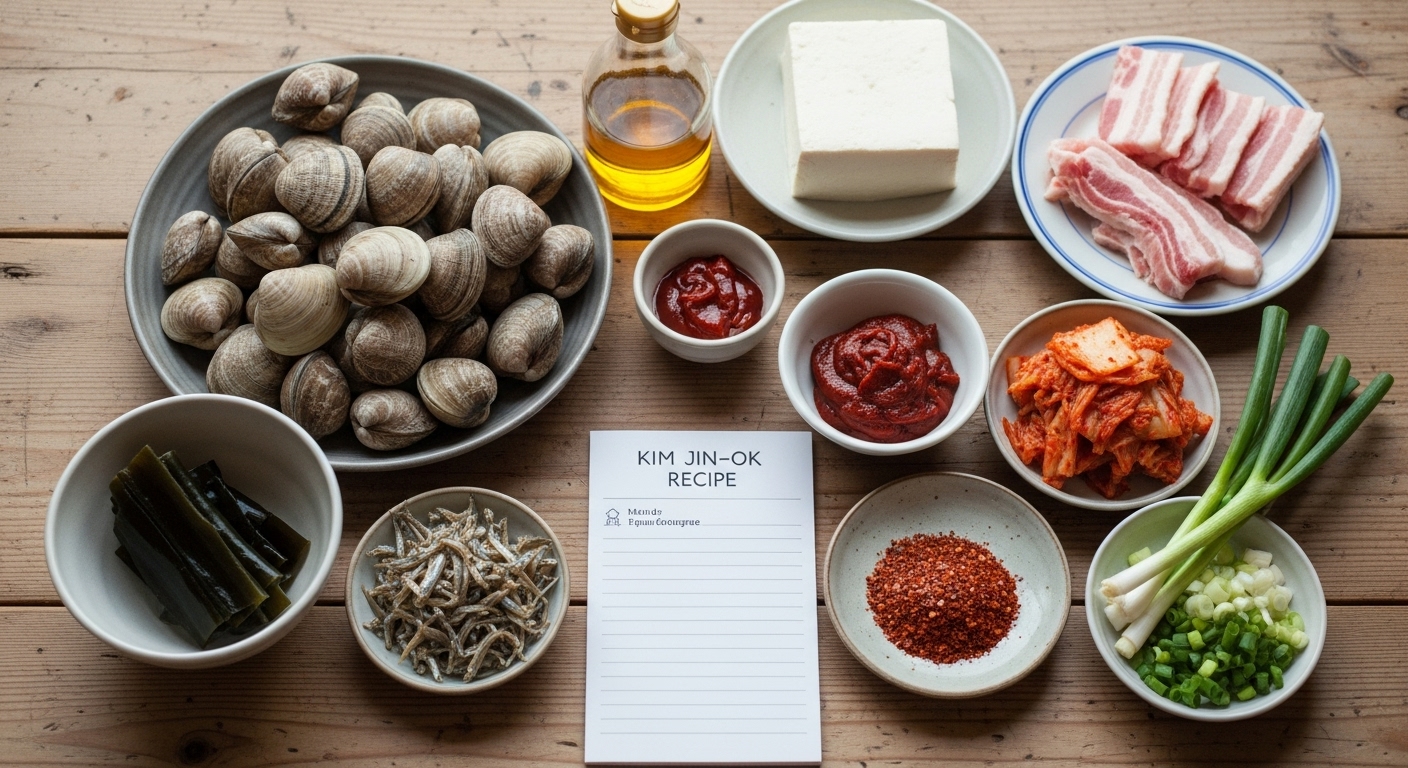 순두부찌개의 재료들이 테이블 위에 놓여 있는 모습