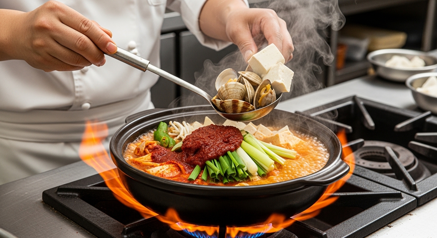 뚝배기에 순두부와 바지락을 넣어 조리하는 장면