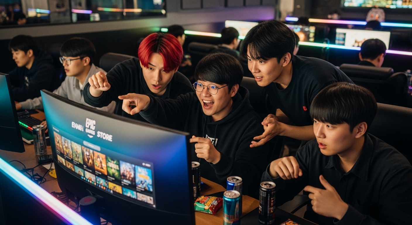 젊은 게이머들이 인터넷 카페에서 에픽 게임즈의 무료 게임 릴리스에 대해 이야기하는 장면