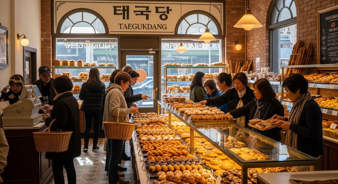 빈티지 매력을 지닌 한국 베이커리에서 손님들이 신선한 페이스트리를 고르는 모습