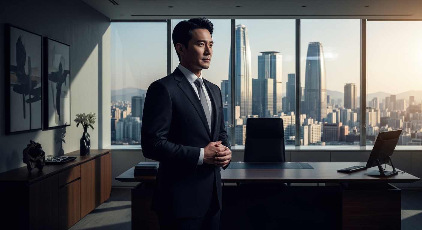 날카로운 슈트를 입고 현대적인 사무실에서 서 있는 냉철한 CEO