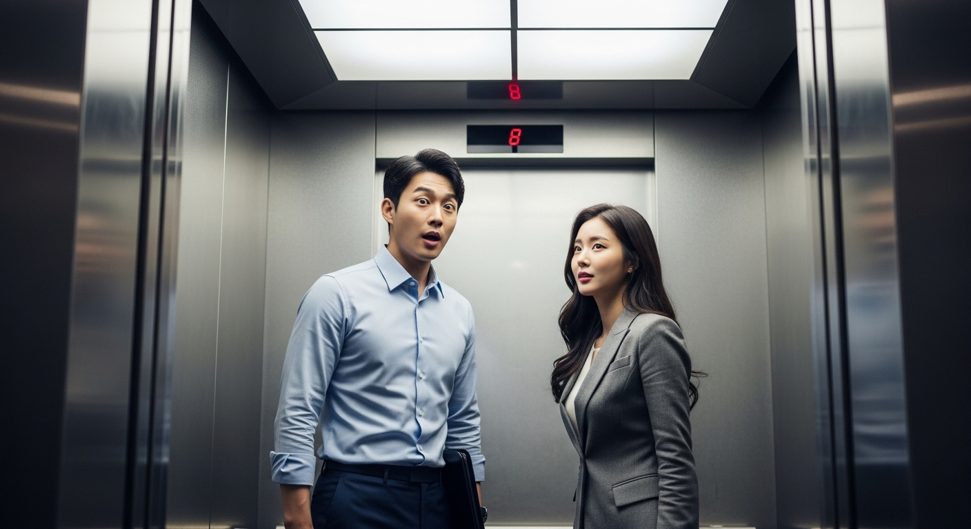 엘리베이터 안에서 놀라움과 호기심을 드러내며 마주친 한국 남녀