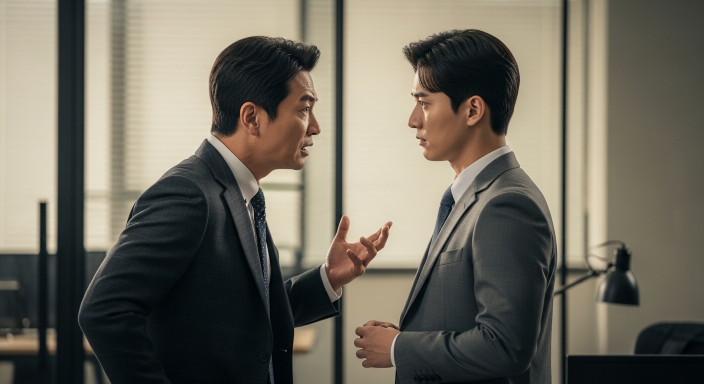 회사 환경에서 진실과 거짓에 대해 갈등하는 두 한국인의 긴장된 대면