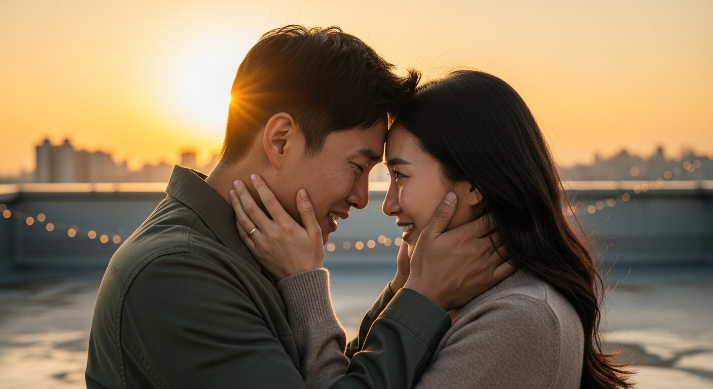 일몰 때 옥상에서 감정적으로 교감하며 따뜻함을 보여주는 한국 커플