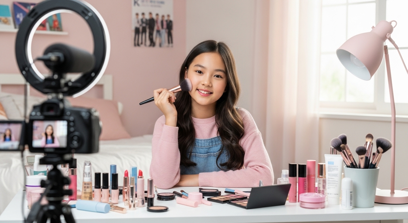 한 소녀가 침실에서 메이크업 브러시를 들고 카메라 앞에 서 있는 모습