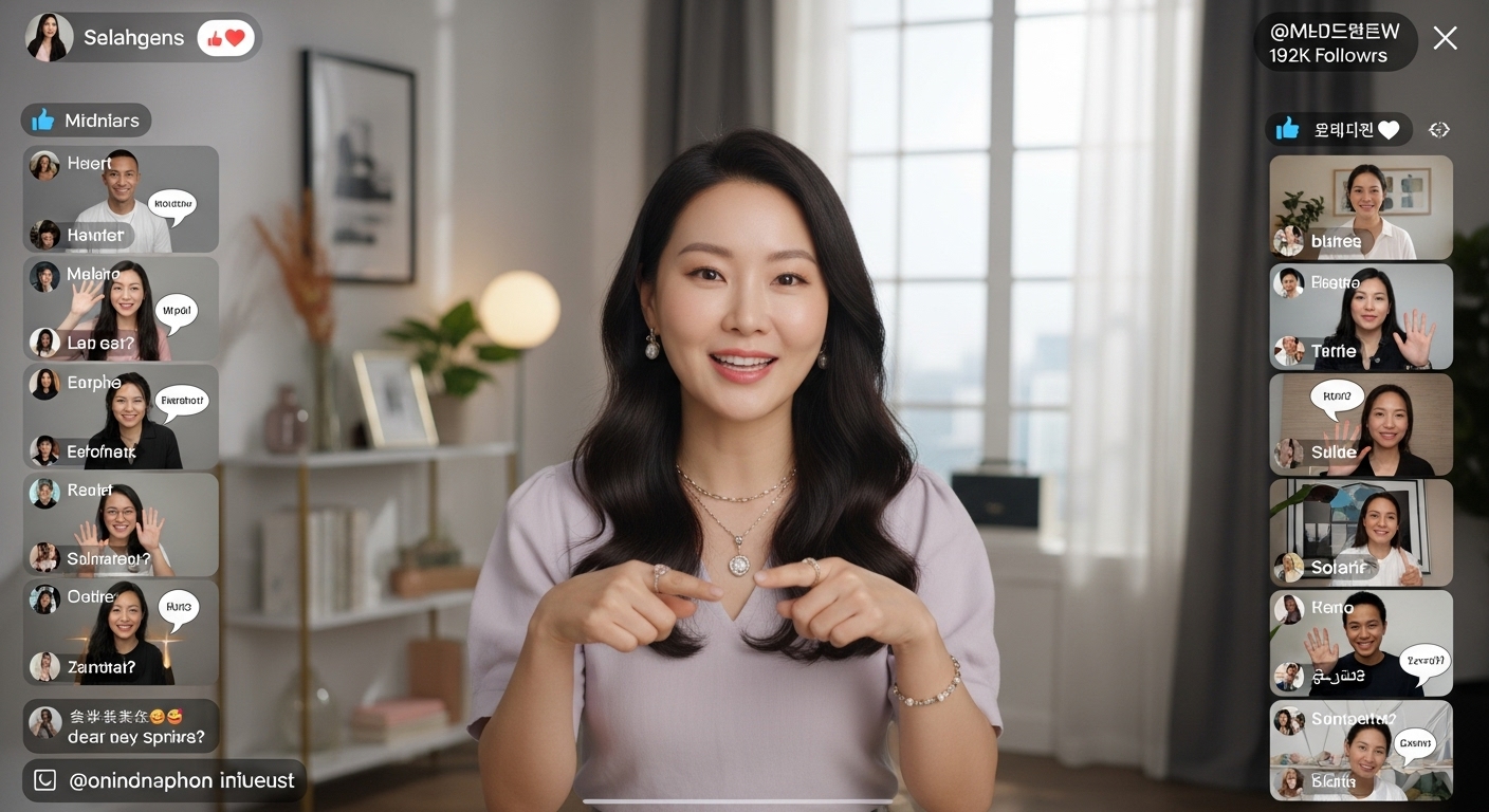 다양한 국제 팬들과 라이브 스트림으로 소통하는 뷰티 인플루언서 모습