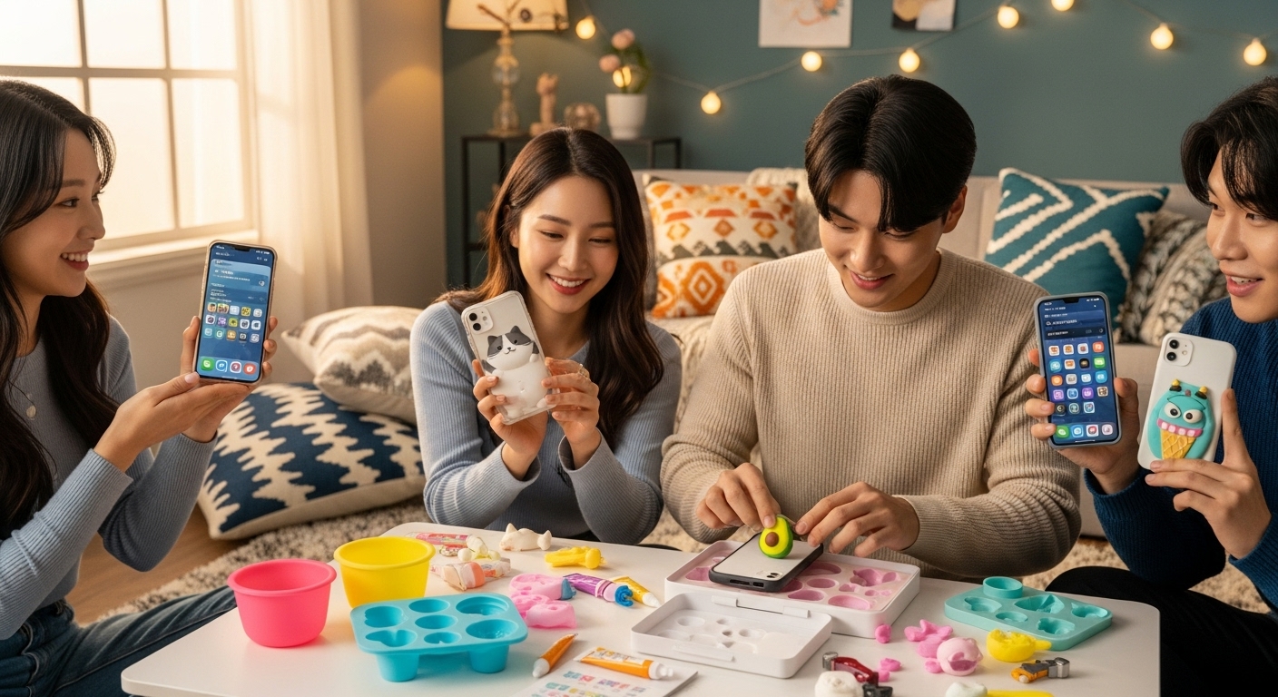 다양한 캐릭터 디자인의 DIY 스퀴시 폰케이스를 공유하며 스마트폰을 사용하는 젊은 성인들