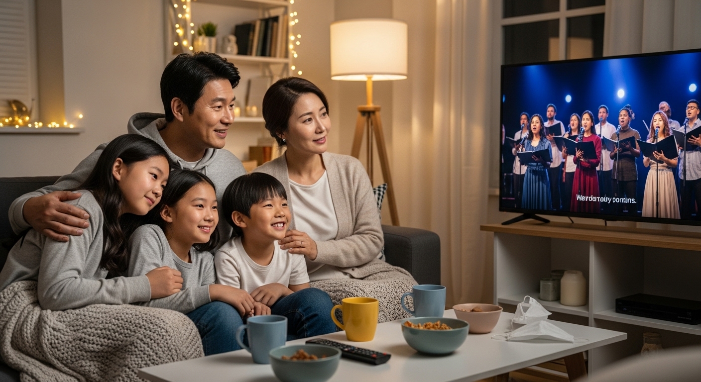 팬데믹 기간 동안 집에서 희망적인 뮤지컬 영상을 보는 사람들의 모습
