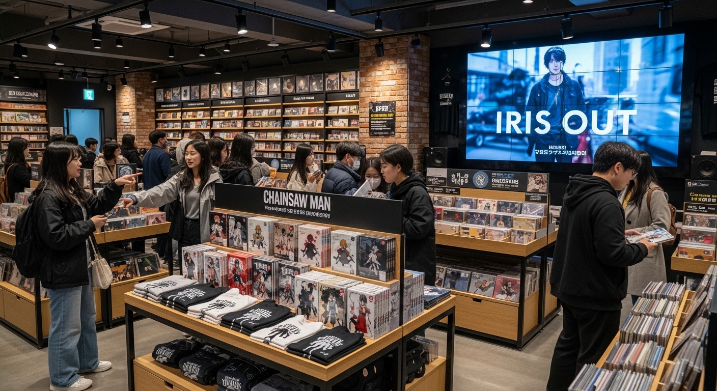 서울의 음악 매장에서 체인소 맨 상품과 함께 'IRIS OUT' 뮤직비디오가 상영되고 팬들이 즐거운 모습