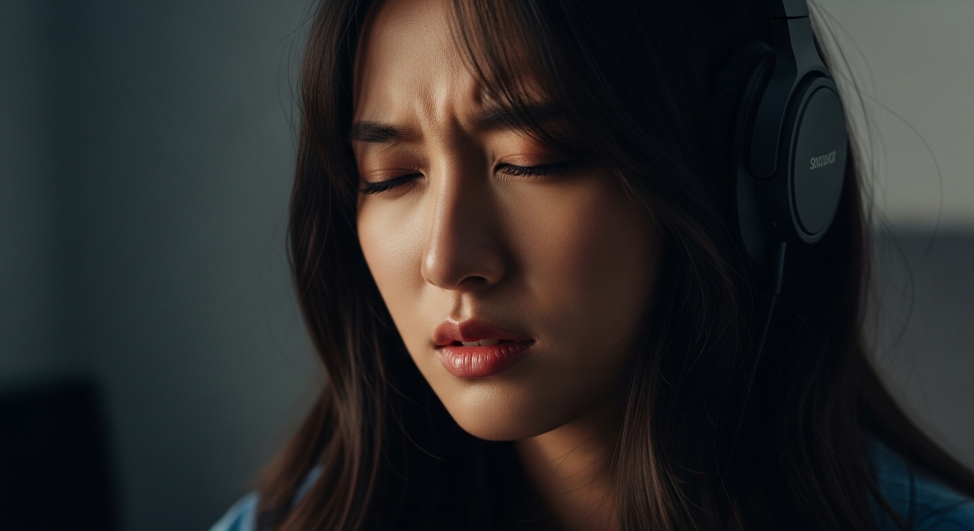 어두운 방에서 헤드폰을 통해 음악을 듣고 있는 젊은 여성이 깊은 감정을 느끼는 모습