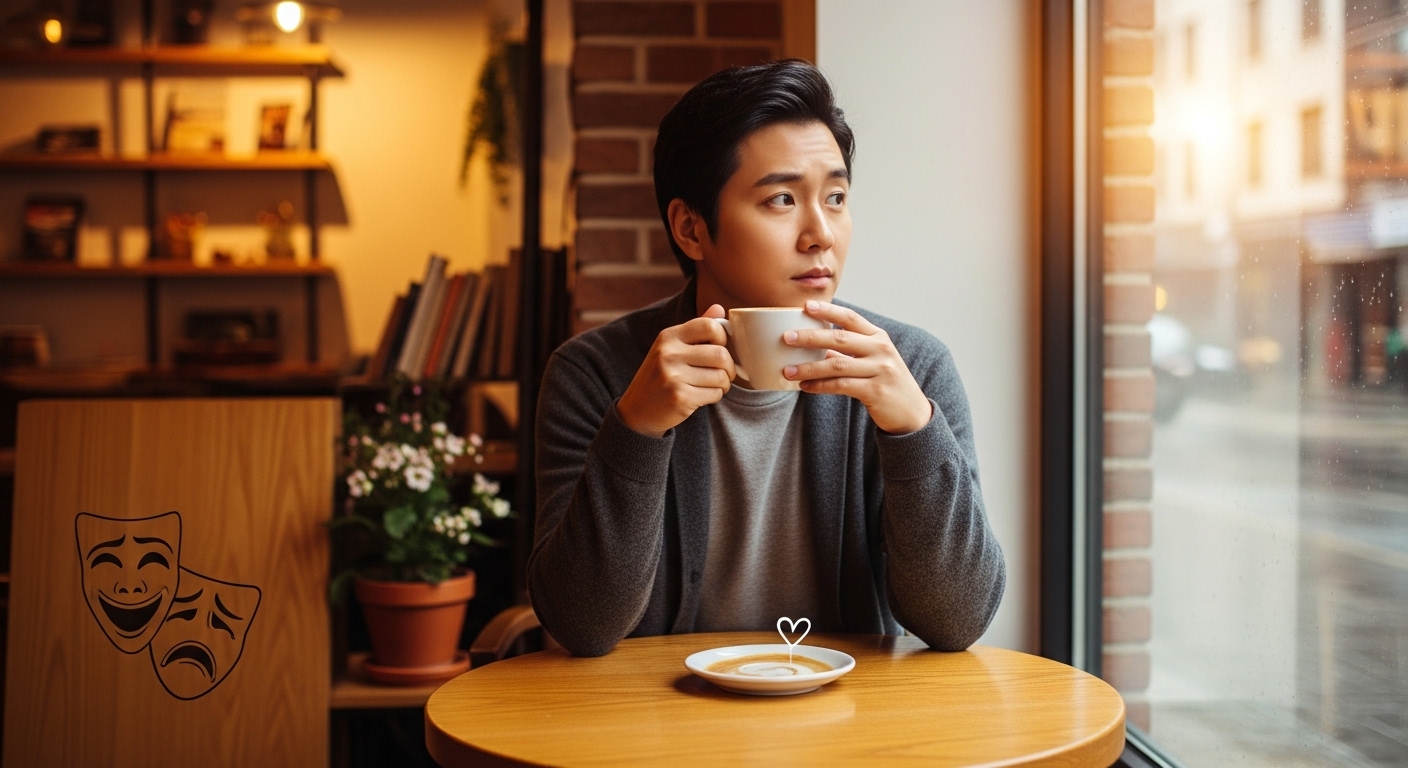 카페에서 창밖을 바라보며 깊은 생각에 잠긴 인물의 모습