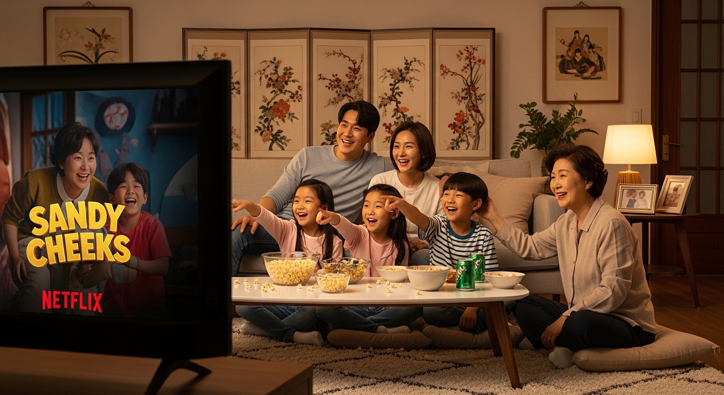 가족들이 거실에서 다람이 무비를 즐겁게 시청하는 장면