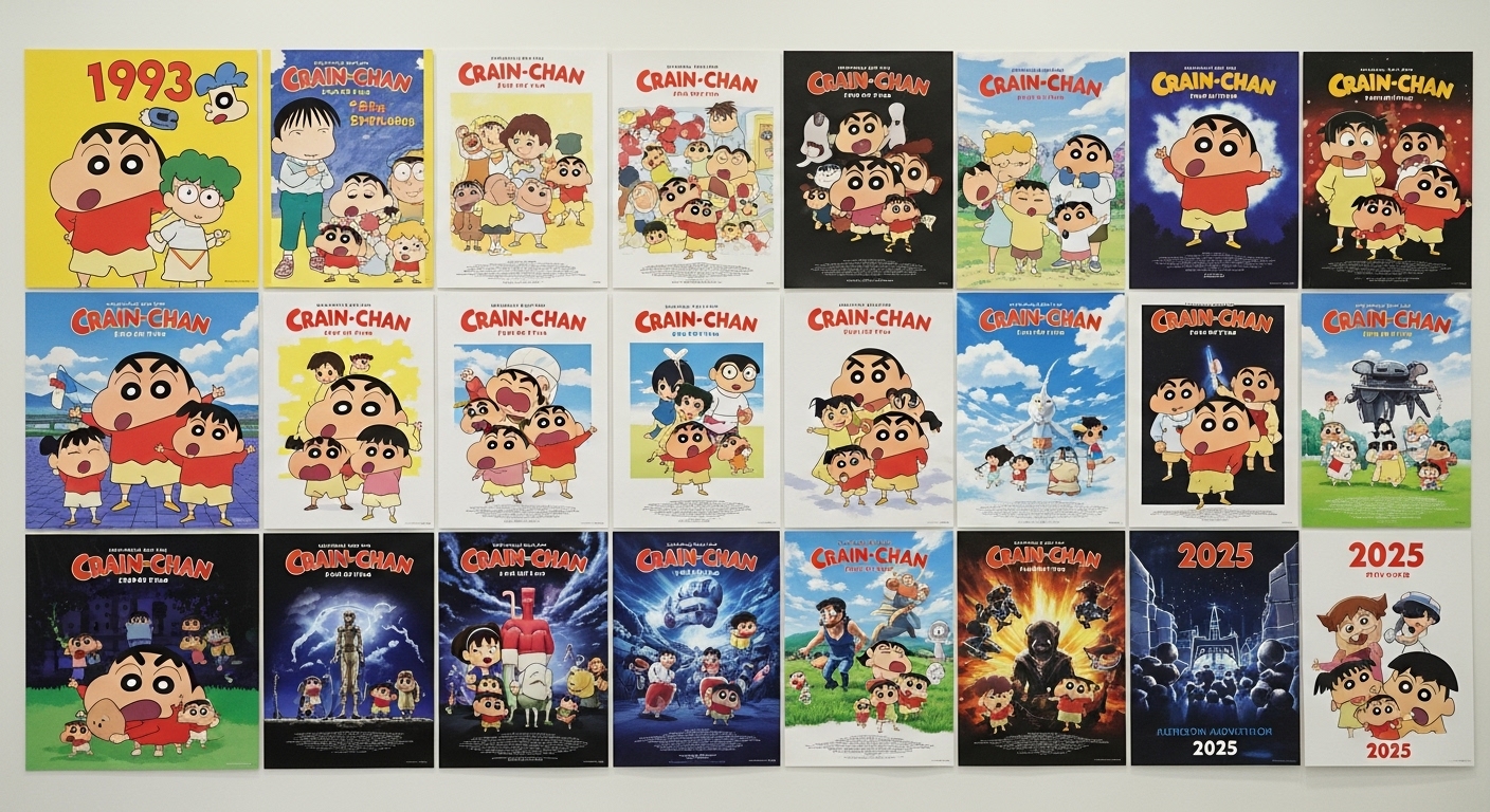 1993년부터 2025년까지 다양한 주제와 스타일로 제작된 짱구 극장판 포스터 모음