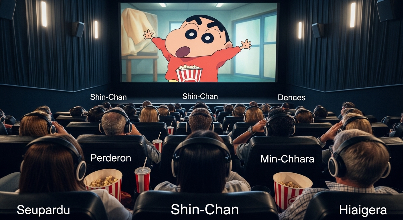 여러 나라 언어로 더빙된 짱구 영화를 다양한 관객들이 즐기는 모습